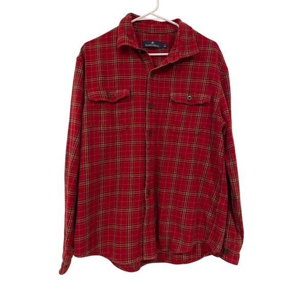 Rainforest Red Plaid Flannel Button-Up Shirt Mens L Long Sleeve Double Chest Poc - Picture 1 of 10